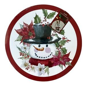 Christmas Cork Backed Hard Placemats 15in Holiday Snowman & Poinsettia 4pc New